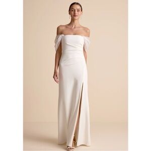 New Lulus Tryyn Off-Shoulder Column Ivory Evening Gown Slit Sz Medium